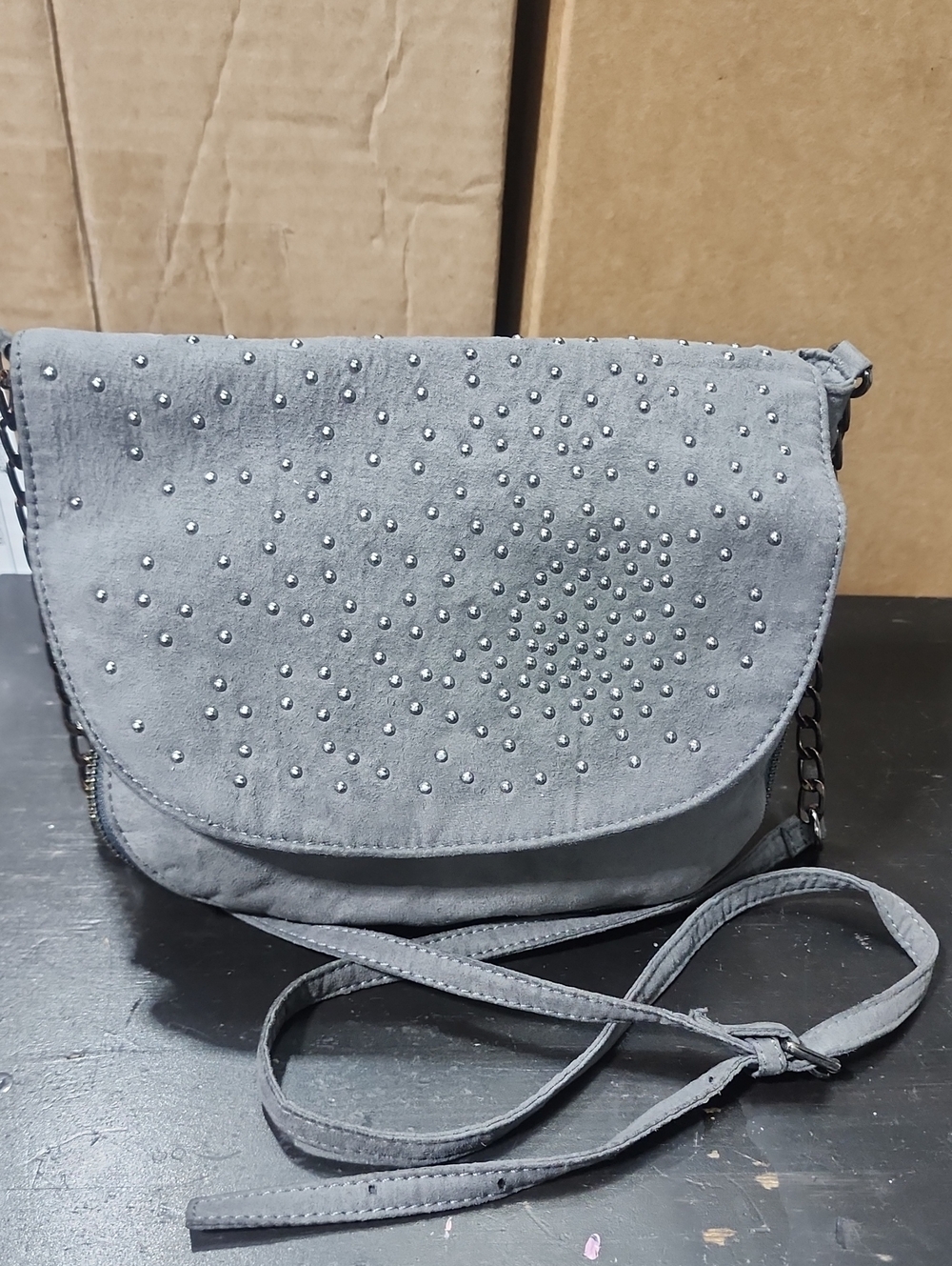 Deux Lux Grey Studded Suede Crossbody Bag